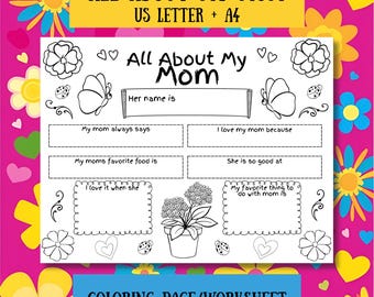 All About My Mom Worksheet, Mother's Day Coloring Sheet, Activities for Kids, Fill In & Color, Moms Keepsake Gift, Kindergarten Activity