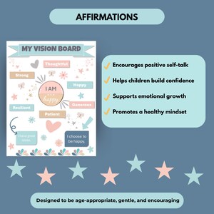May include: A vision board with the text "My Vision Board" and the word "Affirmations" at the top. The board includes positive affirmations like "Happy", "Strong", and "Resilient". The board is designed to encourage a healthy mindset.
