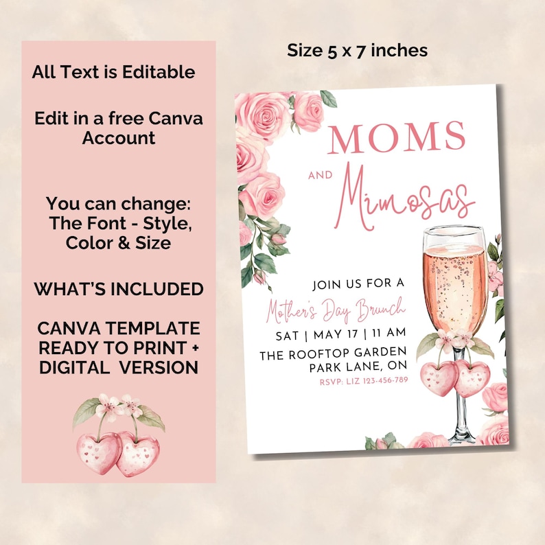 Mother's Day invite 5 x 7 inches, edit in Canva
