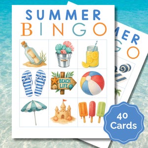 Cartões de jogo de bingo de verão para impressão, jogo de sala de aula para crianças, atividade de praia de verão, grade de bingo 3 x 3, cartões de jogo de aniversário, bingo com tema de praia
