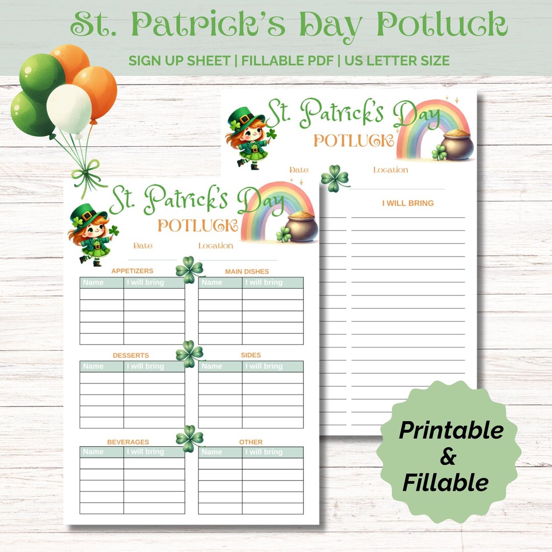 St. Patrick's Day Potluck Sign up Sheet - Fillable PDF, Printable ...
