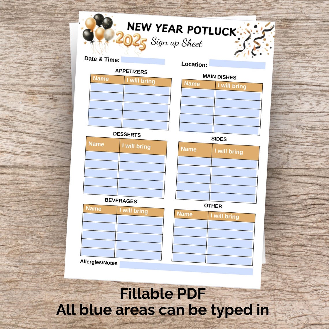 New Year Potluck Sign up Sheet - Fillable PDF, Editable Canva Template