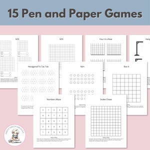 May include: A set of 15 pen and paper games, such as SOS, Hexagonal Tic Tac Toe, and Snake Chase. The games are printed on white paper with black grid lines and instructions. The title "15 Pen and Paper Games" is at the top.