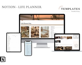 May include: A screenshot of a Notion Life Planner template on a computer screen, laptop, phone, and tablet. The template includes a dashboard, calendar, and other sections for planning and organizing life. The text "Life Planner Etsy" is visible on the computer screen.