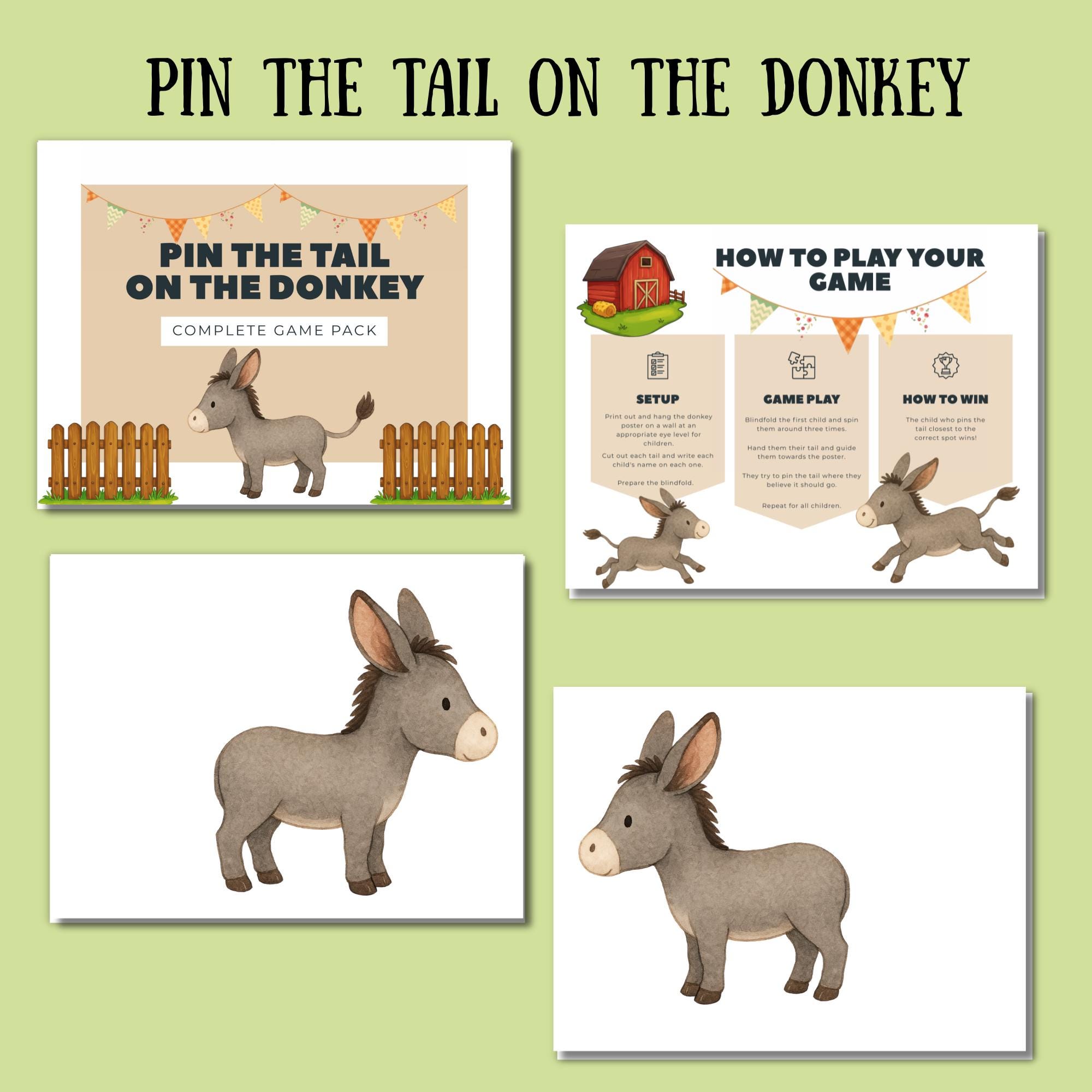 Pin the Tail on the Donkey Printable, Easy Kids Party Game, Birthday — free download