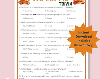 Op de afbeelding: Een printbaar pompoentaart-trivia-spel met 10 vragen. Het spel is oranje en bruin met een afbeelding van een pompoentaart bovenaan. De tekst "Direct downloaden inclusief antwoordblad" staat in een stervorm.
