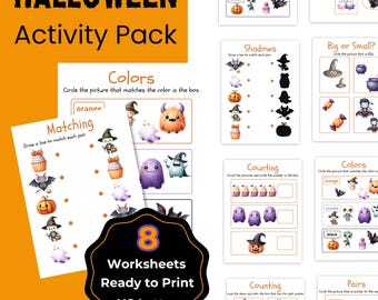 Afdrukbare halloween-werkbladen voor kleuters en kleuters, educatief activiteitenpakket, griezelige leuke Halloween-leergames voor kinderen