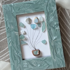 Ocean Blue Sea Glass Framed Art, Unique Sea Glass Floral Gift, Italian Mother of Pearl Framed Art, Blue Sea Glass Gift, Framed Original Art