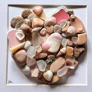 Pink Sea Glass Art, Genuine Sea Glass Framed Art Picture, Original Art, Sea Glass Art Gift, Mixed Media Art, sea glass love art, heart decor