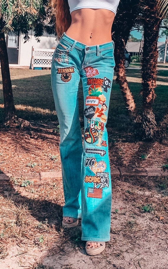 Boho Hippie Bell Bottom Jeans Festival Patched Denim Reworked