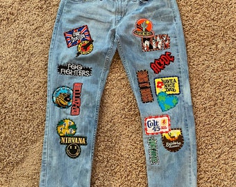 Custom made Louis Vuitton World Tour Patches Jeans Black Cotton Elastane  ref.163171 - Joli Closet