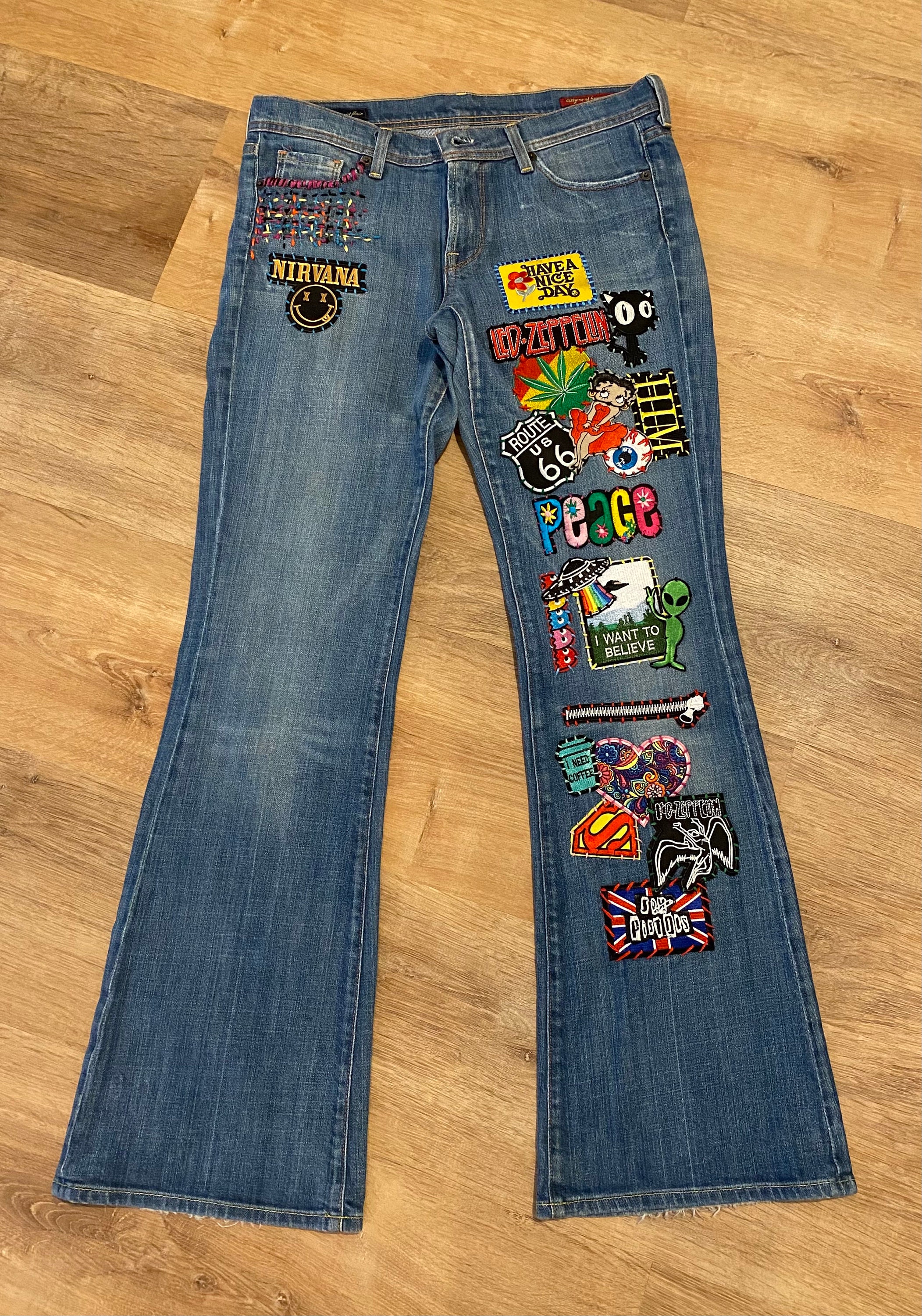 70 s Inspired Jeans Bellbottom Jeans Hippie Jeans Patched Denim Reworked Jeans Flare Bell Bottoms Custom Made All Sizes Available Etsy Canada