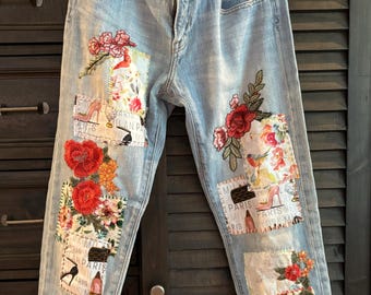 【mnem】Embroidered Patch Wide Denim Embroidered | Patched Denim | Hippie | Boho | Unique Jeans