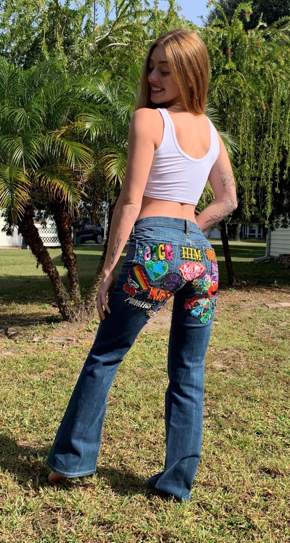 Boho Hippie Bell Bottom Jeans Festival Patched Denim Reworked Jeans Flare Bell  Bottoms 