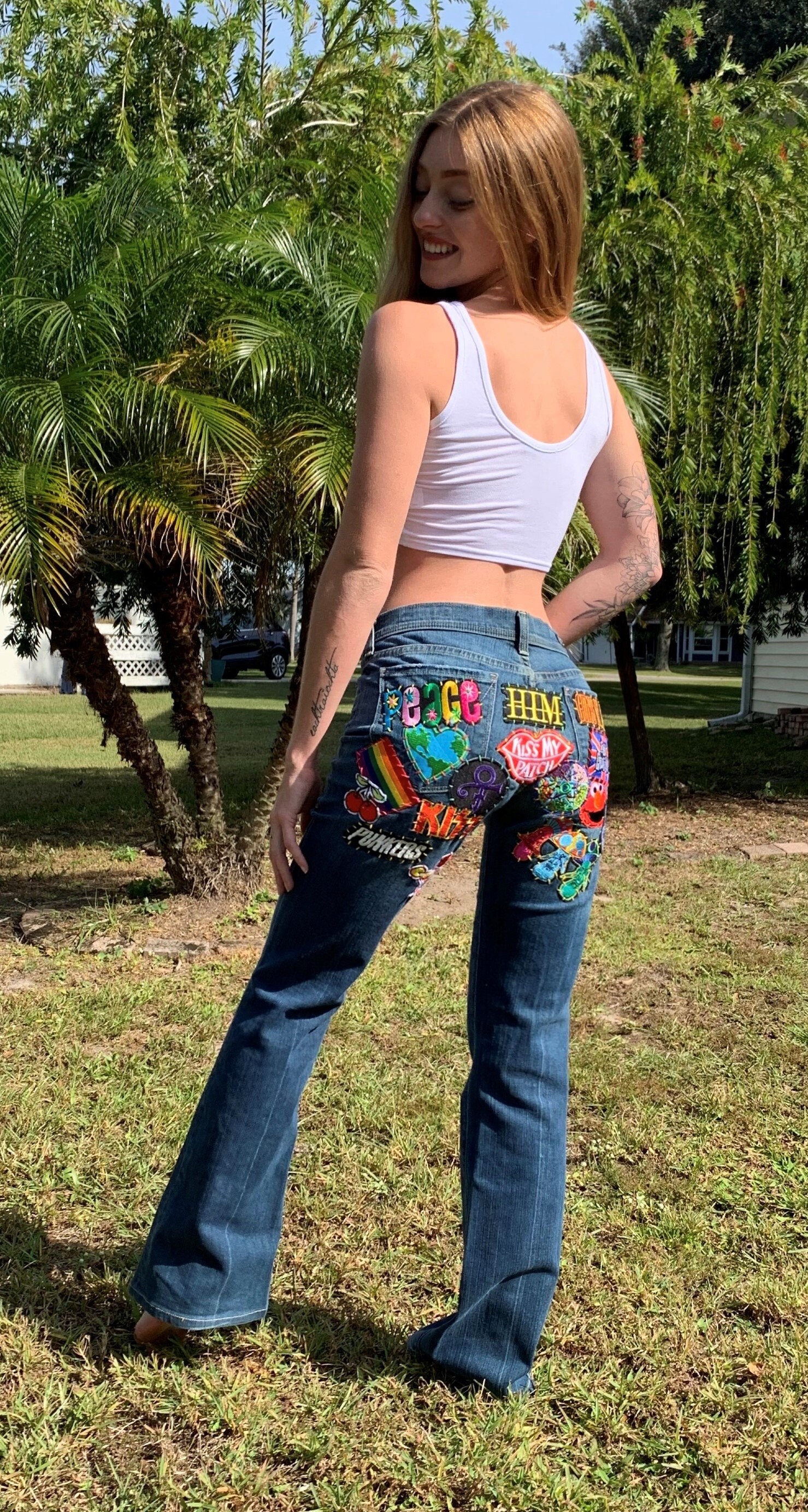Custom Upcycled patched embroidered jeans Hippie Boho Festival