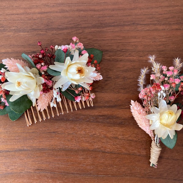 Accessories in dried flowers "Loctudy", combs, buttonholes