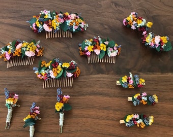 Accessoires fleurs séchées Locronan, peigne, boutonnière et barrettes