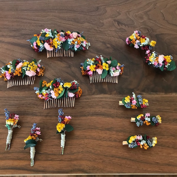 Accessoires fleurs séchées Locronan, peigne, boutonnière et barrettes