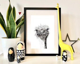 Ostrich Illustration Art Print, Black and White Bird Nursery Decor