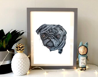 Pug Print Illustrated Black Pug Black Pug Wall Art Funny Print Funny Wall Art Pug Illustration Pug Picture Gift For Pug Lover