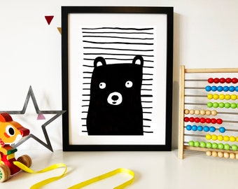 Kids Wall Art Cute Bear Nursery Print Cute Bear Nursery Wall Art Cute Bear Nursery Decor Childrens Bedroom Print Black And White Nursery Art