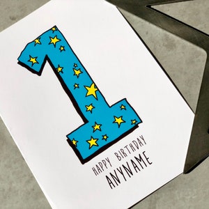 Cartão de primeiro aniversário personalizado com nome, cartão temático de espaço, estrelas, cartão de aniversário para primeiro aniversário, cartão de primeiro aniversário de 1 ano