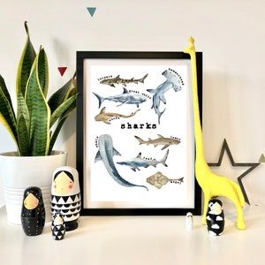 Watercolour Sharks Print Sharks Wall Art Shark Print For Boys Room Shark Print For Childrens Room Boys Room Print Boys Room Wall Art