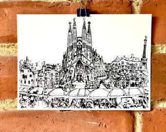 Barcelona Skyline Illustration Print, Famous Sights Wall Art