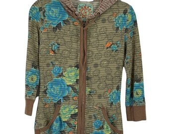 Free People Vintage Floral Zip Front Cotton Blend Green Hooded Sweater Small