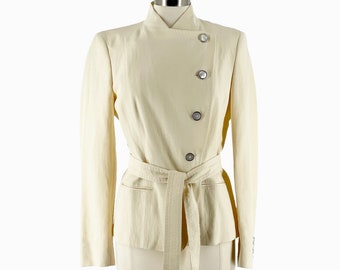 Vintage 90's MaxMara Linen Silk Cream Longline Crossover Buttoned Jacket US 10
