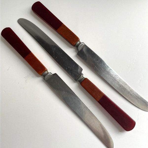 1930s Two-Toned Butterscotch & Cherry Bakelite Lucite Steak Knives Set of Three Art Deco Stainless Steel Vintage