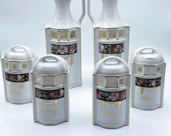 Vintage German Set of Six Ceramic Covered Spice Canisters Jars Oil Vinegar Cruets Floral