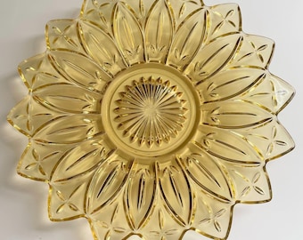 Vintage Federal Glass Petal Yellow Sunflower Pressed Glass 11.5" Serving Plate Depression Glass Floral
