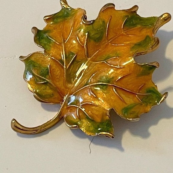 Vintage Hand Painted Enamel Gold Green Autumn Fal… - image 3