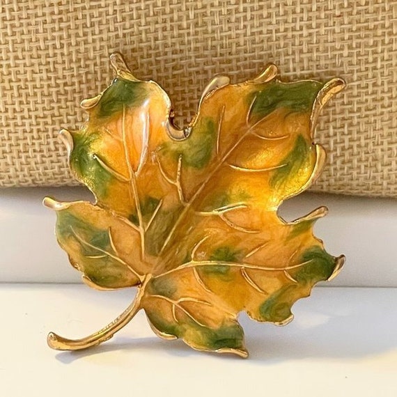 Vintage Hand Painted Enamel Gold Green Autumn Fal… - image 1