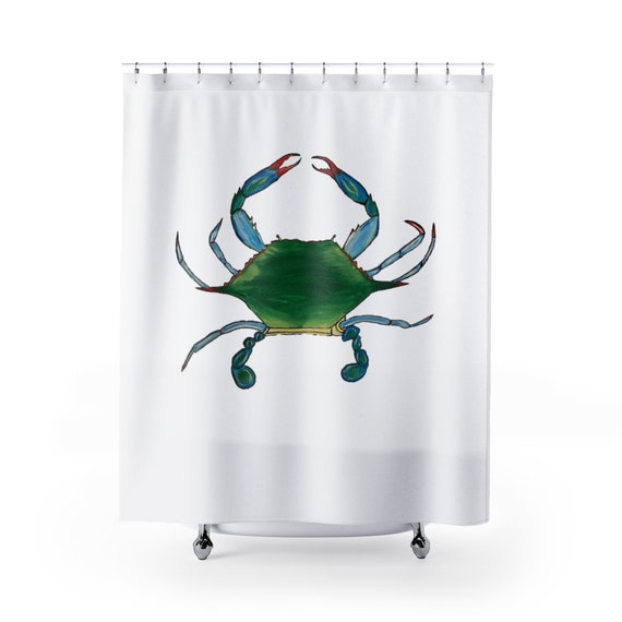 Coastal Blue Claw Crab White Shower Curtain With Fresh Beach Coastal Blue Claw Crab White Shower, Maryland Crab Shower Curtain