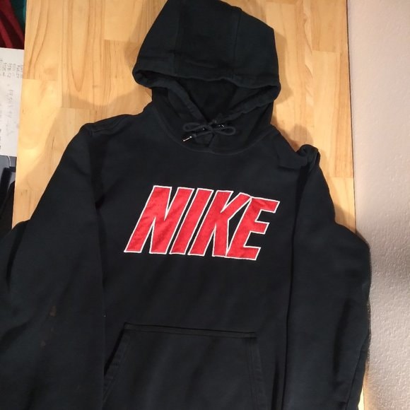 black nike hoodie red writing