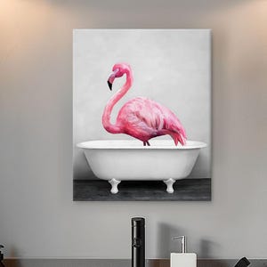 Flamingo in Bathtub, Framed Canvas Wall Art, Funny Animal Artwork, Whimsical Bird Painting for Bathroom or Home Decor
