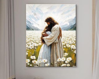 Jesus Canvas Art: Embracing Girl, Christian Oil Painting Style