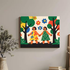 Retro płaska ilustracja przedstawiająca najlepszych przyjaciół trzymających się za ręce, kolorowa oprawiona w ramę sztuka ścienna na płótnie, plakat Fun Flower Park, prezent dla najlepszej przyjaciółki lub siostry