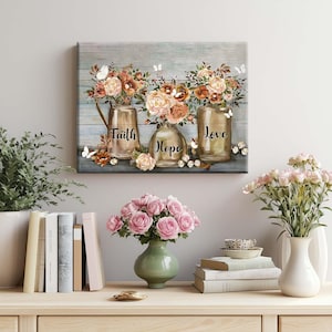 Rustic Flower Vases and Butterflies Prints, Framed Canvas Wall Art, Vintage Farmhouse Botanical Decor for Kitchen, Bedroom or Living Room