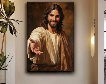 May include: A framed canvas print of a smiling figure with long brown hair and a beard, wearing a white robe and a brown shawl. The figure extends a hand towards the viewer against a warm, brown background.