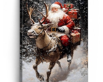 Santa Riding Reindeer Wall Art, Christmas Canvas Print, Rustic Holiday Decor, Farmhouse Xmas Wall Decor, Christmas Gift