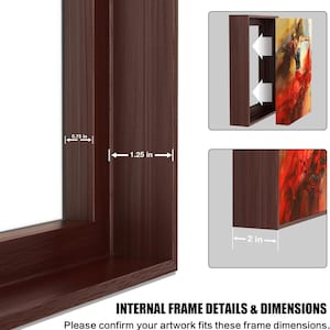 May include: A dark brown wooden picture frame with internal frame details and dimensions. The frame's internal width is 1.25 inches, the depth is 2 inches, and the frame's edge is 0.75 inches. The text reads: "INTERNAL FRAME DETAILS & DIMENSIONS".