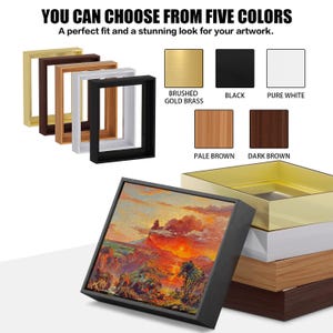 May include: A selection of picture frames in various colors, including gold, black, and white, with a landscape painting in a black frame. Text reads "YOU CAN CHOOSE FROM FIVE COLORS" and "A perfect fit and a stunning look for your artwork."