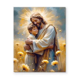 Christliche Liebe und Schutz gerahmter Druck, Jesus und Kind Leinwand Wandkunst, vom Glauben inspiriertes religiöses Kunstwerk für Kinderzimmer