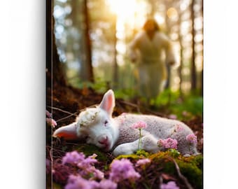 Jesus Chasing the Lost Lamb Canvas Wall Art, Christian Decor, Good Shepherd Religious Canvas Print, Bible Inspired Faith Art, Christian Gift