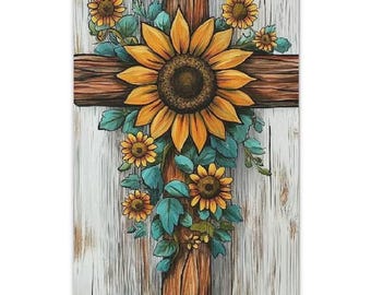 Christian Sunflower Cross Wall Art, Rustic Farmhouse Scripture Decor
