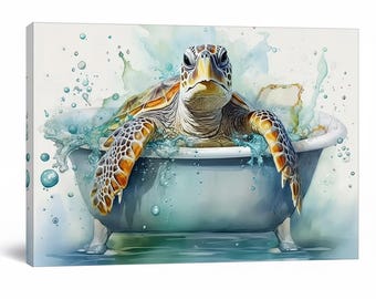 Framed Canvas Painting Funny Turtle in the Bathtub Vibrant Wall Art for BathRoom Bedroom