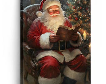 Santa Reading Christmas Wall Art, Cozy Holiday Canvas Print, Classic Santa Decor, Christmas Living Room Decor, Xmas Gift